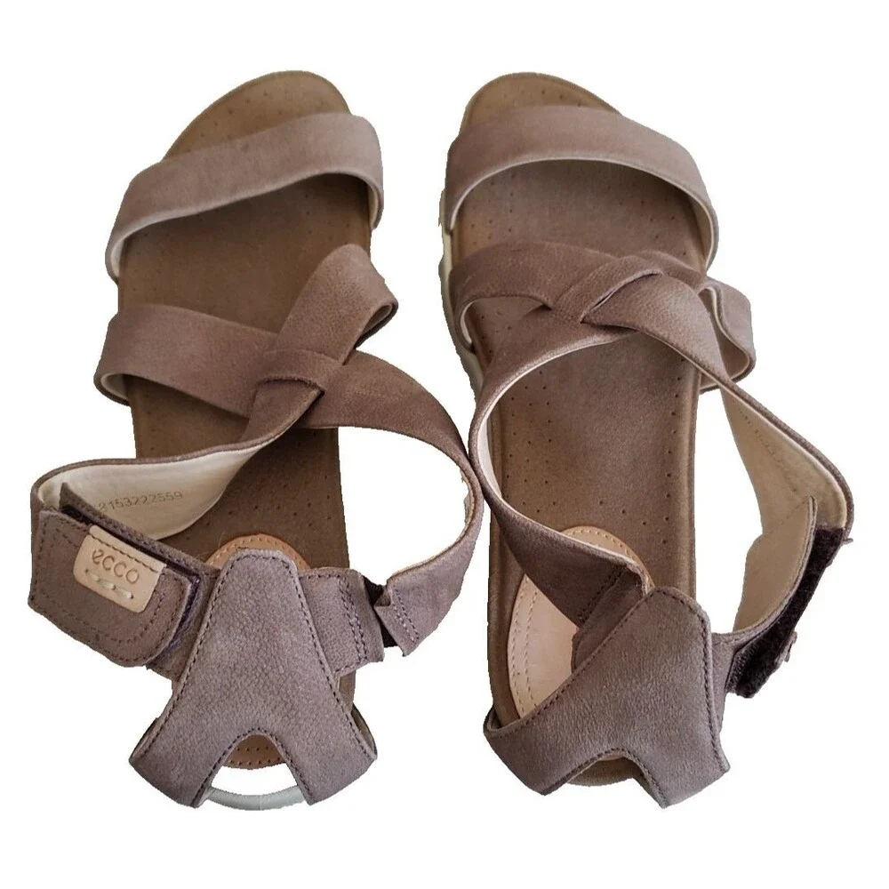 ECCO Sandals Womens Sz 8.5 Damara Casual Cross Strap Slip On Flats Brown Leather